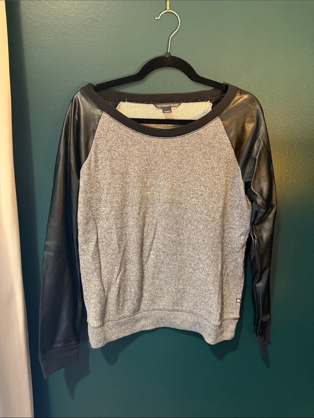 Victoria's Secret Gray Sweater with Black Faux Leather Sleeves